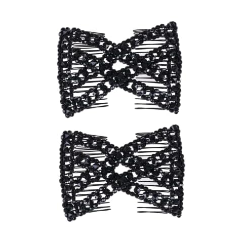 LOVEF 2 Pcs Black Stretch Flower Bow Glass Bead Hair Head Comb Cuff Double Clip Cover