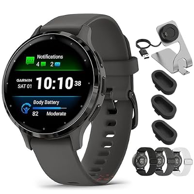 Garmin Venu 3S Health Fitness GPS Smartwatch Steel Bezel with Pebble Gray Case 41mm 010-02785-00 Bundle with Nylon Elastic Bands 18mm 3 Pack, Charging Dock and Silicone Dust Cover 3 Pack