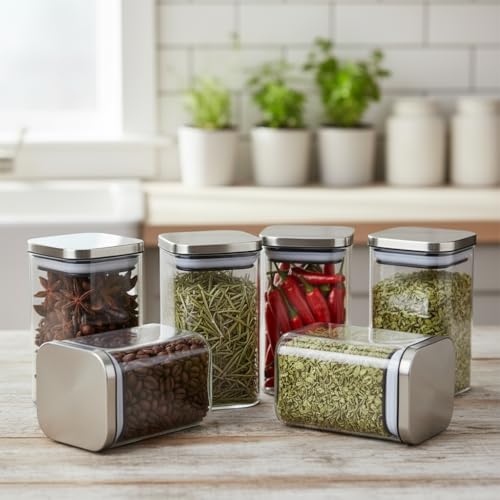 Image of ginoya brothers Airtight Borosilicate Glass Square Jar With Wooden Or Steel Lid Multi-Size, Container for Spices, Coffee, Grains, Snacks & Kitchen Organization (6, STEEL LID, 270 ML)