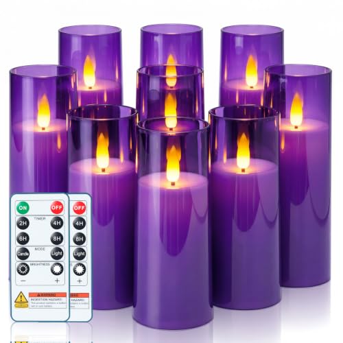Image of Homemory Purple Battery Operated Flameless Candles with Remote and Timer, Flickering LED Pillar Candles, Acrylic Decorative Candles for Home Decor, Weddings, Parties and Holidays, 9 Pack