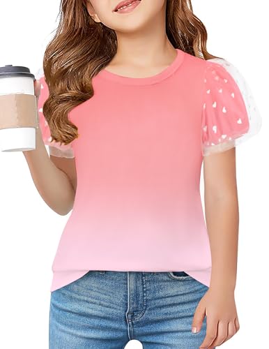Image of Arshiner Girls Shirts Mesh Puff Short Sleeves Blouse Crewneck Cute Print Summer Kids Tee Tops