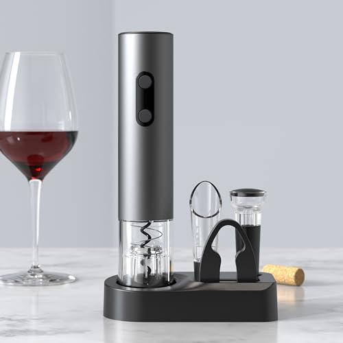 Image of PEIPU Electric Wine Opener Set, Battery Operated 5-in-1 Wine Gifts for Wine Lovers with Storage Base, Foil Cutter, Wine Aerator Pourer & Vacuum Stoppers, Dark Grey