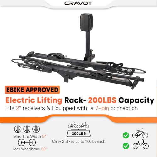 Image of CRAVOT CyberRack E2 Electric Hitch Bike Rack, Motorized Lift Bike Rack, 200 lbs Capacity Haul Up to 5 inch Fat Tire E-Bikes Carrier, Foldable Rack for Tow Hitch 2 Bikes, for Car with 2'' Receiver