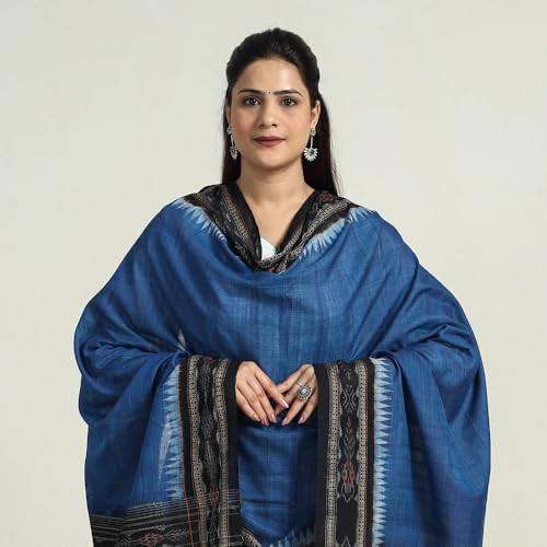 Image of Cotton Dupatta with weaving and Ikat woven border from the Weavers Stole for Girls & Women
