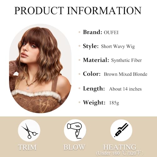 OUFEI Brown Mixed Blonde Wigs for Women Short Wavy Wig With Bangs Natural Synthetic Hair Heat Resistant Wigs for Daily Party Cosplay Wear - Image 2