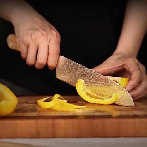 hecef Japanese Santoku Knife 7 Inch – Damascus Steel Blade with ABS Sheath, Blue Resin Handle– Ultra Sharp Chef Knife for Effortless Slicing, Cutting & Dicing, Gift for Home Cooks & Pros - Image 9