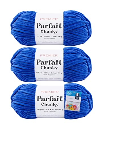 Image of Premier Yarns Parfait Chunky Chenille Yarn 3.5 Oz 6 Super Bulky Weight 3 Pack Bundle with Bella's Place Holders (Classic Blue)