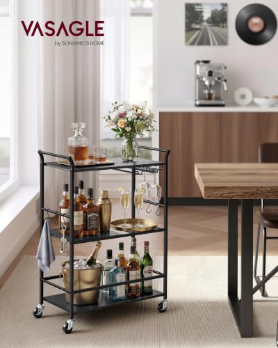 Image of VASAGLE Bar Cart with Wheels, Drink Cart with Wine Rack and Glass Holder
