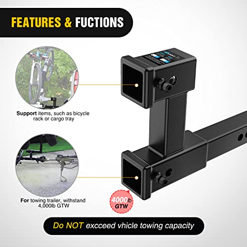 Image of Nilight Dual Hitch Extender to 10 Inch Max Extension Length with Hitchs Tightener Anti Rattle for 2 inch Receiver with 5 /8 inch Bolt Nut Clip Adjust 7-1 /2 inch Riser or Drop 4,000 lbs GTW Matte Black