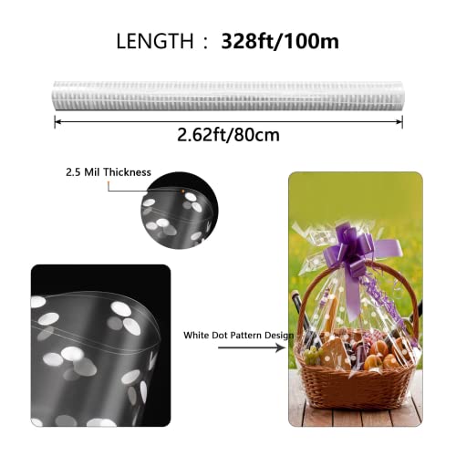 Holdfiturn Cellophane Wrap Roll White Dot 100m x 80cm Cellophane Roll Gift Wrappings for Gift Flower Bouquet Baskets Wrapping Arts and Crafts Supplies - 2