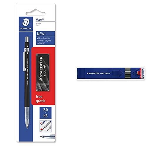 Staedtler - Portaminas Mars Technico 780 Con Minas De 2 Mm + Goma En Oferta Staedtler Mars 780 C Bkp6St, Portaminas Técnico Con Punta Metálica, Para Minas De 2 Mm De Ancho, Negro + 200-2H Estuche Con 12 Minas