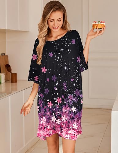 Image of Ekouaer Plus Size Nightgowns for Women Oversized Sleep Shirt Short Sleeve Nightshirt T-Shirt Dress Sleepwear, Black Sakura, Large