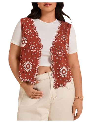 SweatyRocks Women's Plus Size Boho Embroidery Vest Vintage Scalloped Sleeveless Cardigan Waistcoat