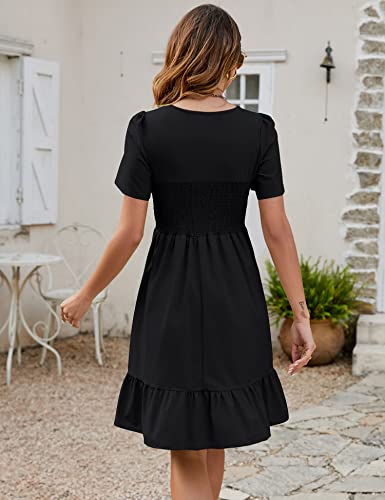 Qirno Semi-Formal Black Smocked Mini Dress Women Summer Square Neck Flowy Puff Sleeve Tiered A Line Graduation Dresses, M #TOP5