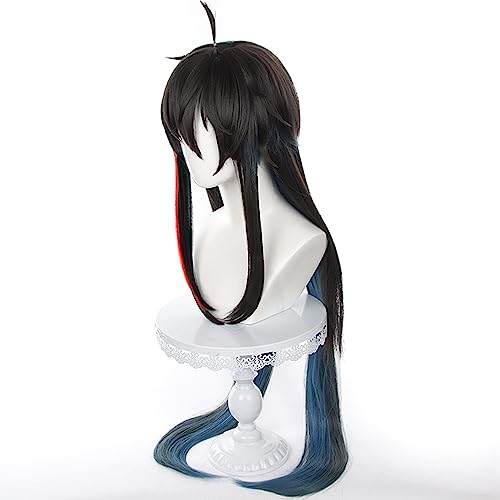 Image of Anime Black Blue mixed Red Wigs Men Long Straight Wig with Ahoge Bangs Layered Haircut Adult Game Dragon Lunae Cosplay Wigs Halloween,Christmas,Comic con,Game Show,Party