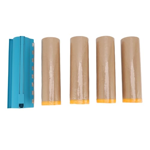 Buachois Papel de Enmascarado Pretapado con Dispensador, 4 Rollos de 18 Pulgadas x 80 Pies Material Kraft para Cubrir Zócalos Marcos Automóviles, Adhesivo Protector Superficies Met