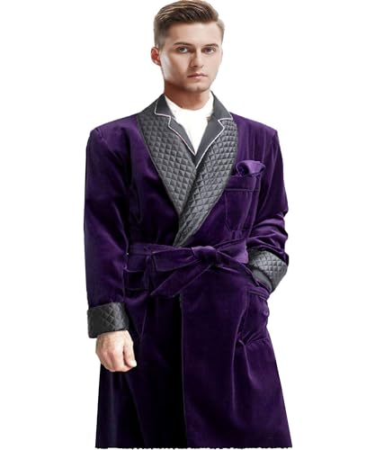 Men's Long Velvet Smoking Jacket with Belt Shawl Lapel Smoking Robe Quilted Dressing Gown