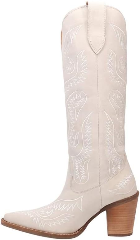 Dingo Womens Evita Embroidered Snip Toe Casual Boots Over the Knee Mid Heel 2-3" - Off White
