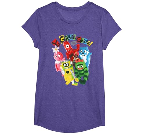 Yo Gabba Gabba! Hello Friends Cast Photo TV Show T-Shirt, Girls, Purple Heather, Large