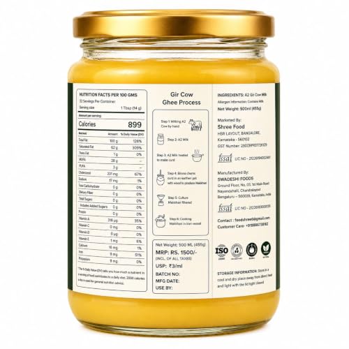 Image of ANGLE GOLD - a2 ORGANIC GHEE - SHREE FOOD a2 Gir Cow Ghee, Organic, Bilona Method, 500ml