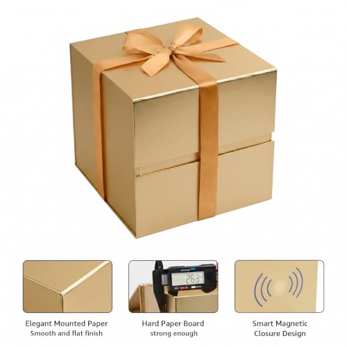 Image of LIFELUM Gold Gift Box 7 x 7 x 7 inch, 1 Pack Luxury Magnetic Closure Gift Box with Ribbon, Card, Shredded Paper Filler for Wedding, Business, Graduation, Bridal Gifts