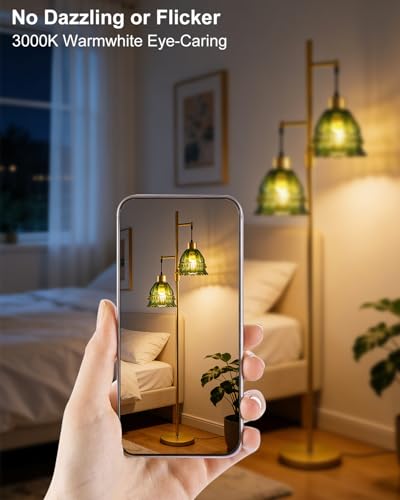 Image of 2-Light Modern Glass Floor Lamp, Gold Standing Tall Lamp with Green Lace Glass Shade for Reading, Dimmable LED Floor Lamp with 5Lbs Heavy Base for Living Room Bedroom Home Decor, Bulb Included