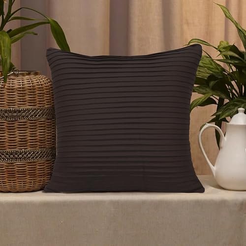 Image of HOME COLORS.IN Cotton Plain Double Side Pleated Cushion Cover - Set of 2-18 x 18 Inch - Brown