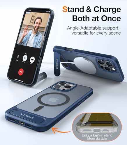 Image of TORRAS Strong Magnetic & Seamless Stand for iPhone 16 Pro Case, [18N Mighty Magnetic] [12FT Mil-Grade Drop Tested] [Fit for MagSafe] Kickstand Protective Slim Phone Case for iPhone 16 Pro 6.3 inch, Blue