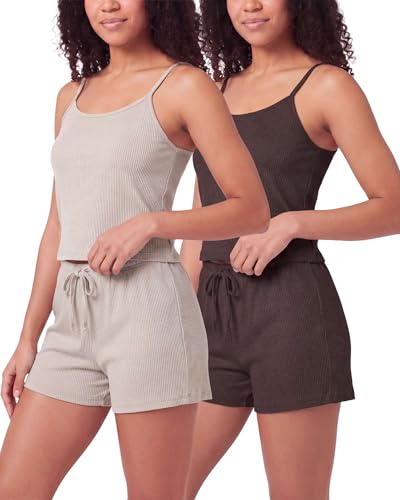 Image of Real Essentials 2 Pack: Women's Ribbed Cropped Cami and Short Set Pajama Sleep Lounge Sleepwear PJ Soft Drawstring Shorts
