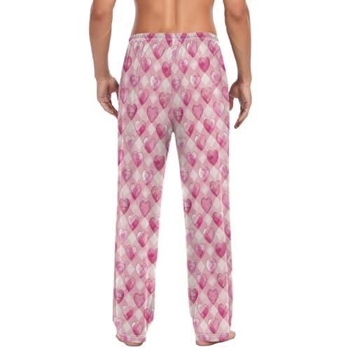 Mens Pajama Pants Hearts Pink Checked Soft Lounge Sleep Pj Bottoms with Drawstring Pockets3