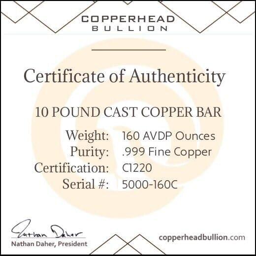 Miniatura 2 de Barra de cobre fundido de 10 libras (160 oz) con diseño de elemento pisapapeles con certificado .999 lingote de lingote fino (níquel búfalo)