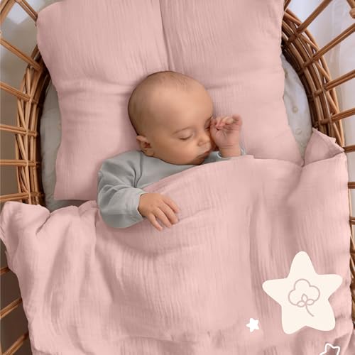 Dreamzie Baby Bettwäsche 80x80 cm + Kissenbezug 35x40 - Musselin aus 100% Baumwolle, Oeko-TEX Zertifiziert,atmungsaktiv & weich, ideal für Sommer & Kinderwagen - Rosa