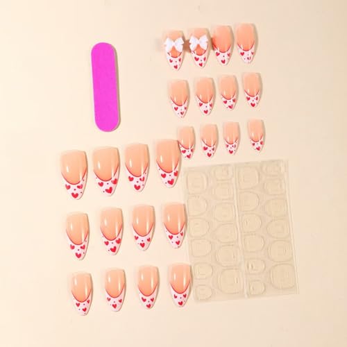 Image of White French Tip Press on Nails Heart Fake Nails with 3D Bow Design Nude Glue on Nails Glossy Artificial Acrylic Full Cover Stick on Nails Medium Almond False Nails for Women Manicure