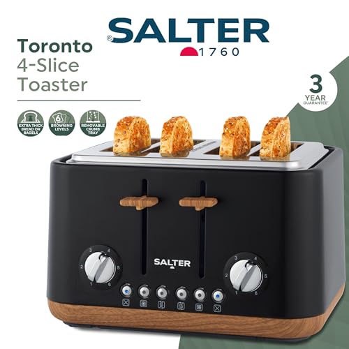 Salter EK5823BLK Toronto 4-Slice Toaster – Wide Slots, 6 Browning Levels, Removable Crumb Tray, Defrost, Reheat, Cancel, Self-Centring Function, High-Lift Eject, 1630 W, Wood Effect/Black, Plastic
