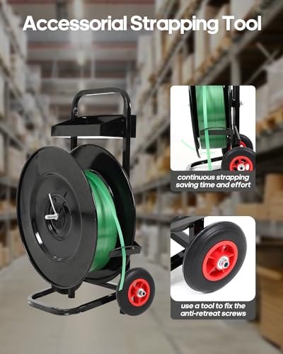 FAHKNS Strapping Cart, Heavy Duty Banding Cart Banding Wheel, Black Deluxe Steel Strap Dispenser for PET Strapping Roll/PP Strapping Roll Coil with 50 Packing Buckle Free