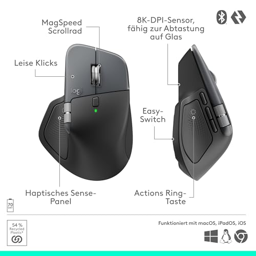 Logitech MX Master 4, ergonomische kabellose Maus mit fortschrittlichem, leistungsstarkem, haptischem Feedback, ultraschnellem Scrollen, Laden über USB-C, Bluetooth, Windows, MacOS – Grafit