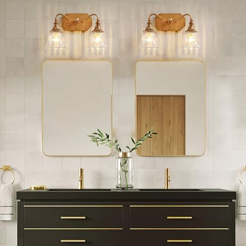 Image of LmnLvn Brushed Gold 2-Light Bathroom Light Fixture, Crystal Glass Shade