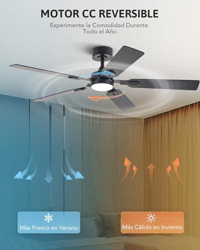 Miniatura 5 de Vonluce Ventilador De Techo Con Luz Mando A Distancia 5 Aspas 132 De Diámetro 6 Velocidades Ultra Silencioso Función Verano-Invierno Temporizador Luces Led Con 3 Colores