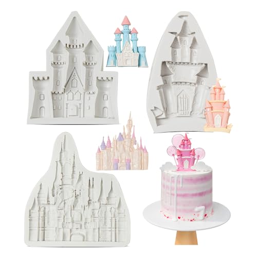 KALAIEN Castle Silicone Mold,3Pcs/Set Castle Cake Fondant Molds,Princess Chocolate Molds Silicone Mirror Mould for Cake Decorating
