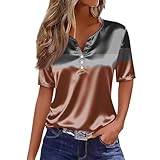 Womens 2026 Summer Satin V Neck Henley Shirts Casual Loose Retro Printed Tops Button Down Short Sleeve Blouse