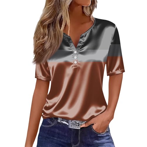 Womens 2026 Summer Satin V Neck Henley Shirts Casual Loose Retro Printed Tops Button Down Short Sleeve Blouse