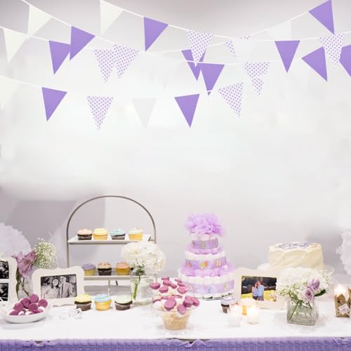 Image of Zwiebeco 39Ft Purple White Dot Fabric Bunting Banner Triangle Flags Hanging Cotton Garland Pennant for Wedding Birthday Tea Party Nursery Home Outdoor Garden Decorations