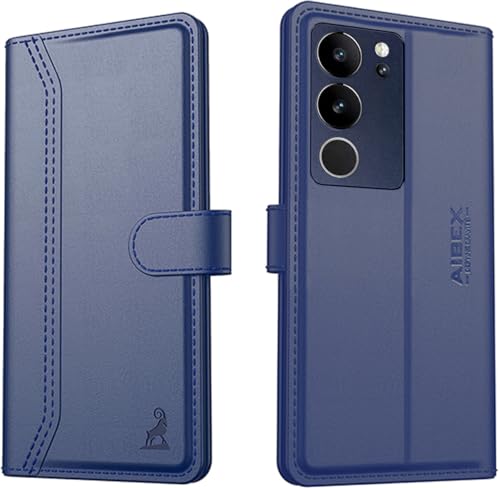 Image of AIBEX Compatible for Vivo V29 Pro 5G / Vivo V29 5G Flip Cover Leather Finish | Inside TPU with Card Pockets | Wallet Stand | Complete Protection Flip Case - Blue
