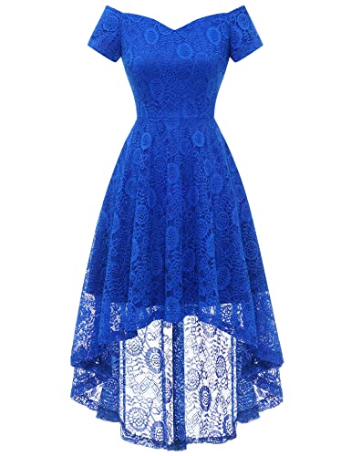 Dressystar Womens Off The Shoulder Short Sleeve High Low Cocktail Skater Dress Floral Lace Dresses for Women A-line Swing Party Dress LF20 Royal Blue XL