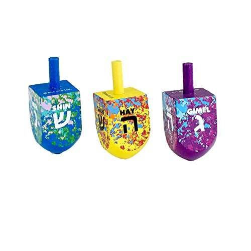 Rite-Lite-Splash-Wooden-Colorful-Dreidel-Set-of-3-Chanukah-Painted-Wooden-Dreidels-Hanukkah-Party-Games-Gifts-Jewish-Games-Bulk-Multicolor-Draydel-Pack-with-Hebrew-Lettering-Hours-of-Fun