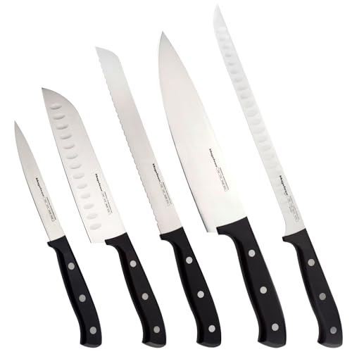 MAGEFESA Filo - Set de Cuchillos Panadero + Universal + Santoku + Chef + Jamonero, Acero Inoxidable, Mangos Modernos de Color Negro, Máxima Precisión