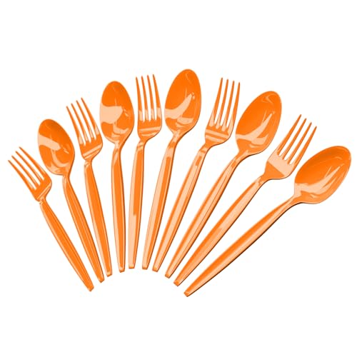 Blue Orchards Orange Plastic Spoon and Fork Set (50 Each) Vibrant Orange Disposable Cutlery Lightweight Durable Plastic Silverware for Parties Birthdays Halloween Sports & Themed Events