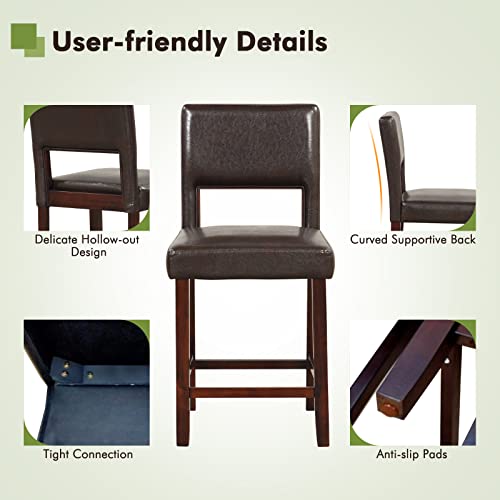 Image of COSTWAY Bar Stools Set of 2, PVC Leather 24.5 Inch Counter Height Chairs with Hollowed Backs, Rubber Wood Legs, Upholstered Barstools for Kitchen Island Home Bar Pub Dining Room, Brown