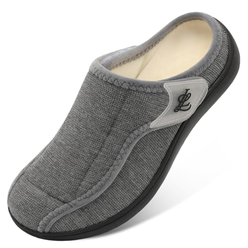 LeIsfIt Mens Slippers Wide Diabetic House Slippers Adjustable Slip On Warm Bedroom House Shoes for Edema Swollen Feet Indoor Outdoor Slipper Dark Grey Size 11