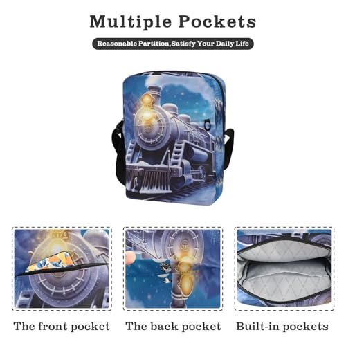 Crossbody Bag Winter Train Print, Multiple Pockets Zipper Closure Messenger Bags Pouch with Phone Card Passport Compartment 6.6×9.4×2.5 IN2